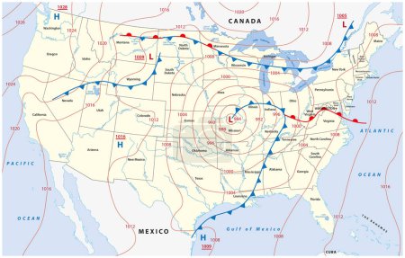 Ilustración de Mapa ficticio de América del Norte con isobares y frentes meteorológicos. Pronóstico meteorológico. - Imagen libre de derechos