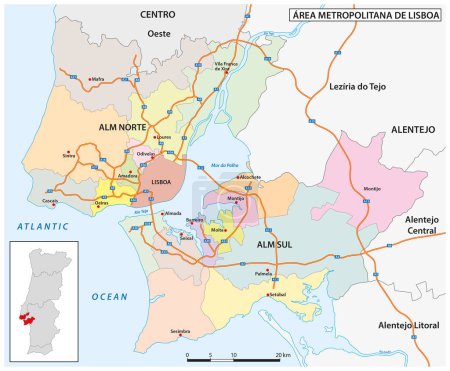Téléchargez les illustrations : Carte administrative et autoroutière de la région métropolitaine de Lisbonne, Portugal - en licence libre de droit