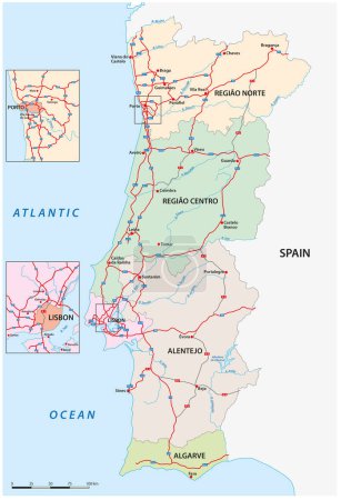 Téléchargez les illustrations : Carte vectorielle régionale administrative et autoroutière du Portugal - en licence libre de droit