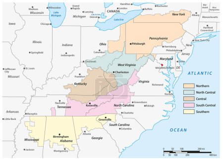 Ilustración de Mapa administrativo de la región de los Apalaches en el este de Estados Unidos - Imagen libre de derechos