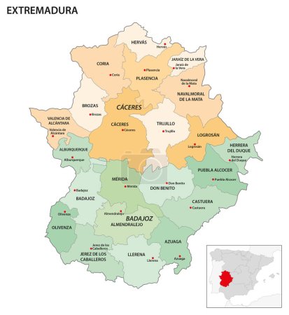 Téléchargez les illustrations : Carte administrative des régions de la Communauté autonome espagnole d'Estrémadure - en licence libre de droit