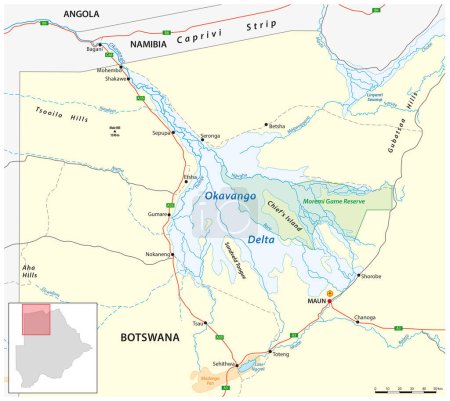 Téléchargez les illustrations : Carte vectorielle du delta de l'Okavango au Botswana - en licence libre de droit