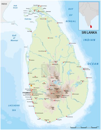 Téléchargez les illustrations : Carte vectorielle en couleur du pays Sri Lanka avec les villes importantes - en licence libre de droit