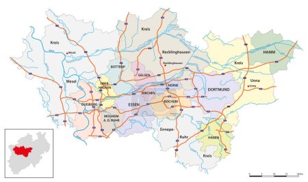 Téléchargez les illustrations : Carte vectorielle de la plus grande région métropolitaine allemande, la Ruhr - en licence libre de droit
