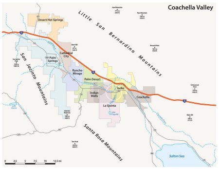 Téléchargez les illustrations : Carte routière vectorielle de la vallée de la Coachella dans le comté de Riverside, Californie, États-Unis - en licence libre de droit