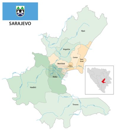 Téléchargez les illustrations : Carte vectorielle administrative du canton et de la ville de Sarajevo, Bosnie-Herzégovine - en licence libre de droit