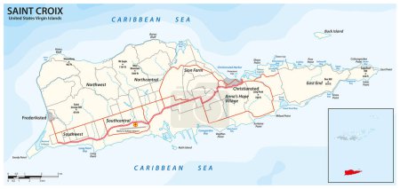 Téléchargez les illustrations : Carte routière de l'île caribéenne de Sainte Croix, Îles Vierges, États-Unis - en licence libre de droit
