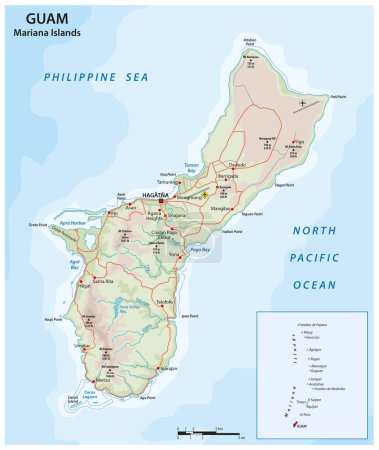 Téléchargez les illustrations : Carte routière vectorielle de l'île de Guam, Îles Mariannes, États-Unis - en licence libre de droit