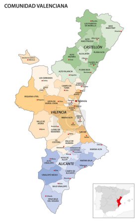 Téléchargez les illustrations : Carte administrative des régions de la Communauté autonome espagnole de Valence - en licence libre de droit