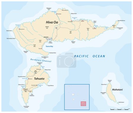 Téléchargez les illustrations : Carte des îles de Hiva Oa, Tahuata et Mohotani, îles Marquises en Polynésie française - en licence libre de droit