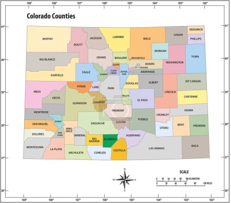 Ilustración de Estado de Colorado esbozar mapa vectorial administrativo y político en color - Imagen libre de derechos
