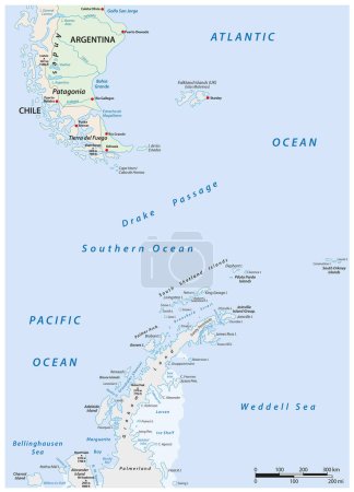 Ilustración de Mapa de la zona entre la Patagonia y la Península Antártica - Imagen libre de derechos