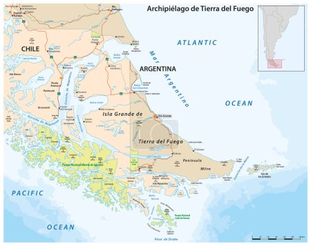 Ilustración de Mapa de Tierra del Fuego, archipiélago en el extremo sur de América del Sur - Imagen libre de derechos