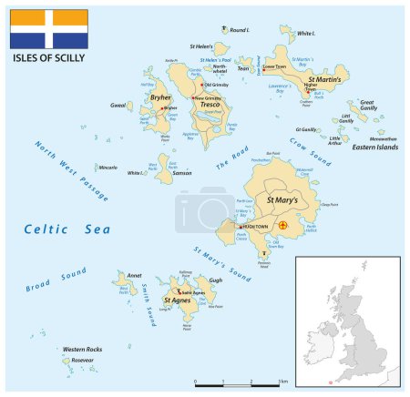 Téléchargez les illustrations : Carte routière des îles Scilly avec drapeau, Royaume-Uni - en licence libre de droit