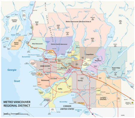 Téléchargez les illustrations : Carte routière du district régional du Grand Vancouver, Canada - en licence libre de droit