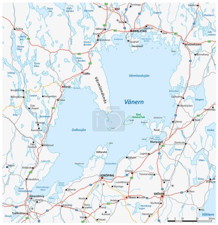 Illustration for Road map of Lake Vanern in southwest Sweden - Royalty Free Image