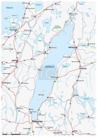 Téléchargez les illustrations : Carte routière du lac Vattern dans le sud-ouest de la Suède - en licence libre de droit