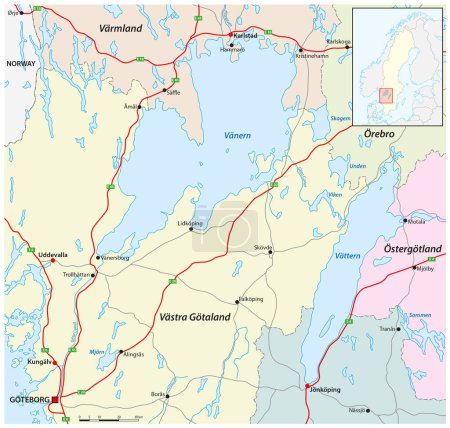 Ilustración de Mapa de carreteras de los lagos suecos Vanern y Vattern - Imagen libre de derechos