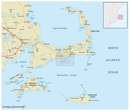 Ilustración de Cape Cod, Martha 's Vineyard, and Nantucket Map, Massachusetts, EE.UU. - Imagen libre de derechos