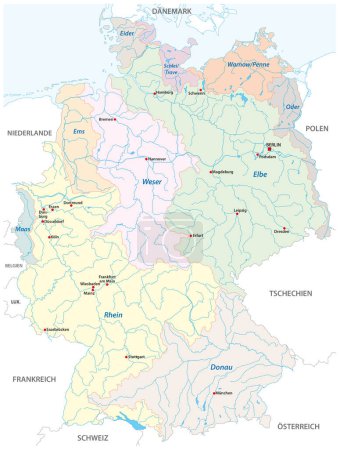 Ilustración de Mapa detallado de las cuencas en Alemania, en idioma alemán - Imagen libre de derechos
