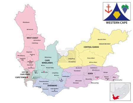 Téléchargez les illustrations : Carte administrative du Cap occidental, Afrique du Sud - en licence libre de droit