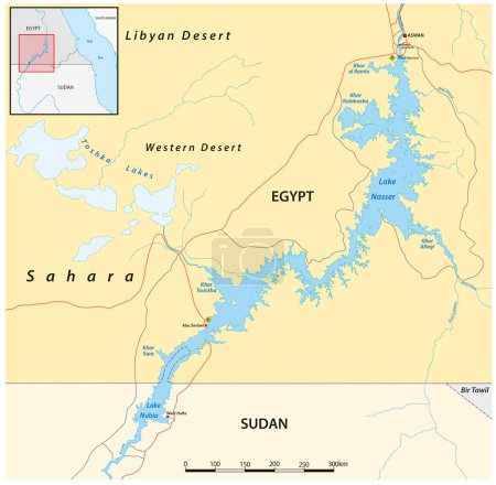 Téléchargez les illustrations : Carte vectorielle du réservoir du lac Nasser, Égypte, Soudan - en licence libre de droit