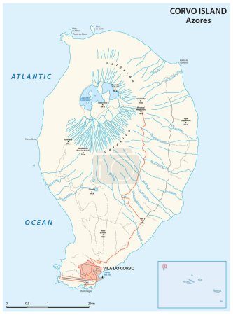 Illustration for Road map of the Portuguese Azores island of Corvo - Royalty Free Image
