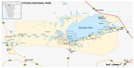 Ilustración de Mapa vectorial del Parque Nacional Etosha en el noroeste de Namibia - Imagen libre de derechos