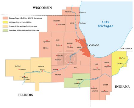 Téléchargez les illustrations : Carte vectorielle administrative de la région métropolitaine de Chicago - en licence libre de droit