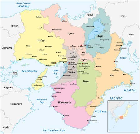 Téléchargez les illustrations : Carte vectorielle administrative de la région de Japans Kansai - en licence libre de droit