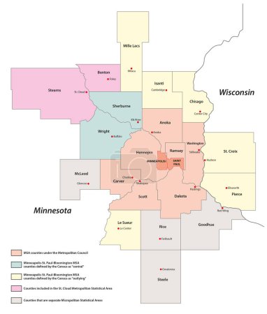 Téléchargez les illustrations : Carte administrative de la région métropolitaine Minneapolis-Saint Paul, Minnesota, Wisconsin, États-Unis - en licence libre de droit