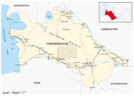 Hoja de ruta vectorial del estado de Turkmenistán en Asia Central