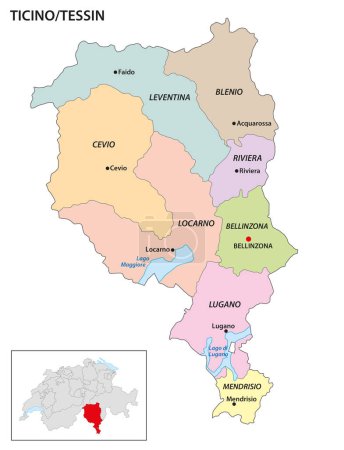 Administrative district map of Ticino Canton, Switzerland