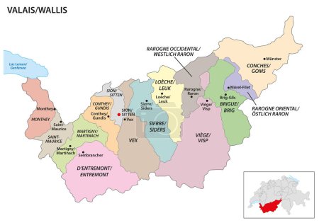 Administrative district map of Valais Canton, Switzerland
