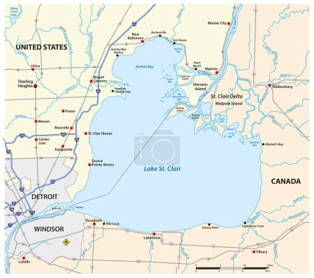 Carte vectorielle du lac Sainte-Claire, États-Unis, Canada