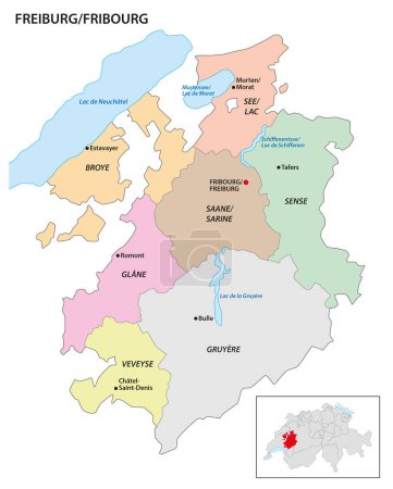 Téléchargez les illustrations : Carte de district administratif de Fribourg Canton, Suisse - en licence libre de droit