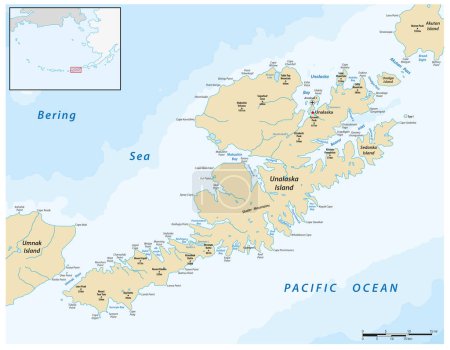 Carte vectorielle de l'île Aléoutienne d'Unalaska, Alaska, États-Unis
