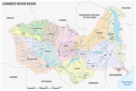 Carte vectorielle détaillée du bassin du Zambèze