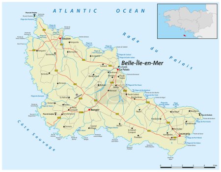 Téléchargez les illustrations : Carte routière de l "île bretonne de Belle-Ile-en-Mer, France - en licence libre de droit