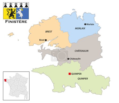 Ilustración de Mapa administrativo del departamento bretón de Finistere, Francia - Imagen libre de derechos