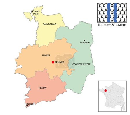 Mapa administrativo del departamento bretón de Ille-et-Vilaine, Francia 