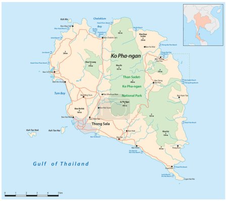 Téléchargez les illustrations : Carte routière vectorielle de l'île thaïlandaise de Ko Pha-ngan - en licence libre de droit