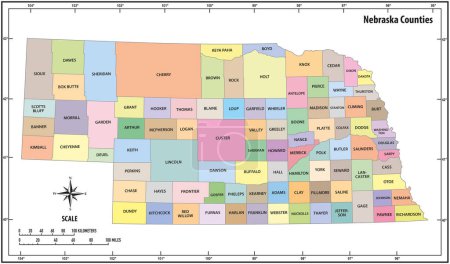 Ilustración de Estado de Nebraska esbozar mapa administrativo y político en color - Imagen libre de derechos