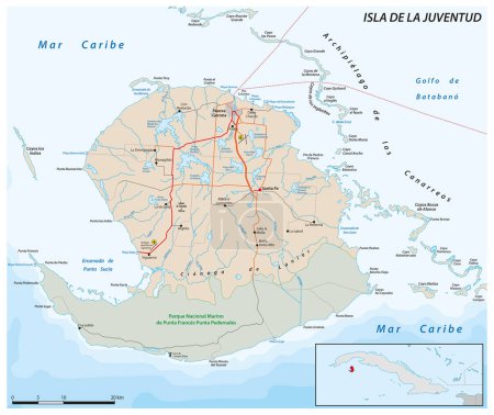 Téléchargez les illustrations : Carte routière vectorielle de l'île de la jeunesse cubaine, Isla de la Juventud - en licence libre de droit
