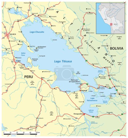 Téléchargez les illustrations : Carte du grand lac d'eau douce d'Amérique du Sud Titicaca, Pérou, Bolivie - en licence libre de droit