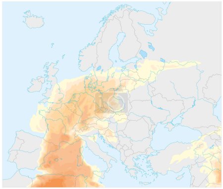 Illustration for Map of the spread of Saharan air layer from North Africa across Europe - Royalty Free Image