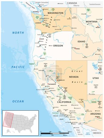 Téléchargez les illustrations : Carte vectorielle politique et administrative de l'ouest des États-Unis d'Amérique - en licence libre de droit