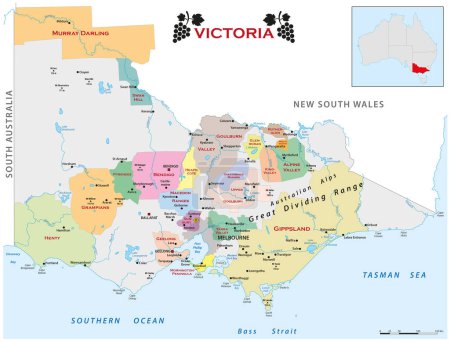 Ilustración de Mapa vectorial de las regiones vitícolas del estado australiano de Victoria - Imagen libre de derechos