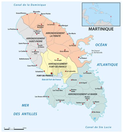 Administrative map of the Caribbean island of Martinique, France
