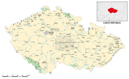 Detailed physical map of Czech Republic with labeling